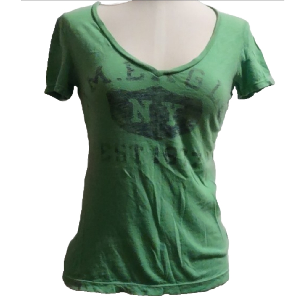 American Eagle T-Shirt Short Sleeve V-Neck Green Size Small